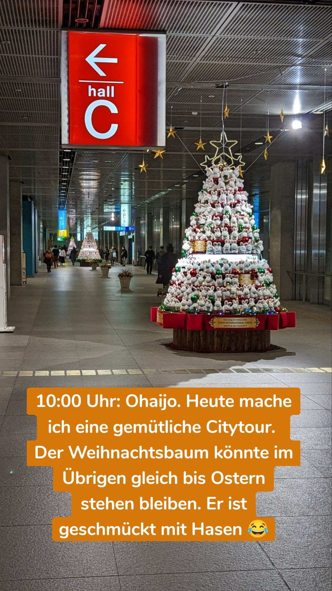 10:00 Uhr: Ohaijo. Heute mache ich eine gemütliche Citytour. 
Der Weihnachtsbaum könnte im Übrigen gleich bis Ostern stehen bleiben. Er ist geschmückt mit Hasen 😂