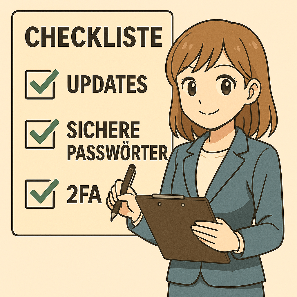 Illustration einer lächelnden Frau mit Klemmbrett. Daneben eine Checkliste mit grünen Häkchen vor den Punkten „Updates“, „Sichere Passwörter“ und „2FA“ – erinnert an grundlegende Sicherheitsmaßnahmen wie Software‑Updates, starke Passwörter und Zwei‑Faktor‑Authentifizierung.