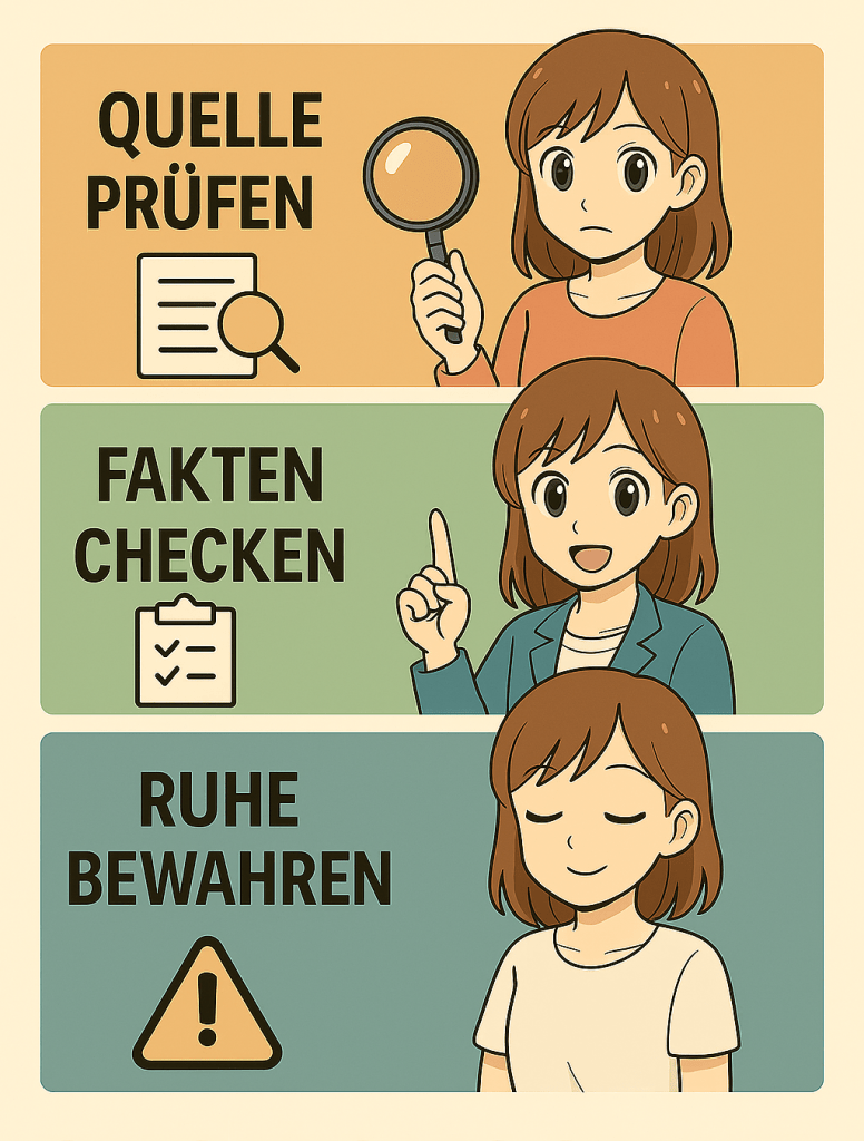Dreiteilige Infografik mit derselben Cartoon‑Frau. Oberes Feld: „Quelle prüfen“ mit Lupe und Dokument, mittleres Feld: „Fakten checken“ mit einer Checkliste, unteres Feld: „Ruhe bewahren“ mit entspanntem Gesicht und Warndreieck – zeigt die Schritte zur Überprüfung verdächtiger Links.