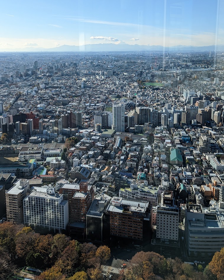 Blick von der Aussichtsplattform des Tokyo Metropolitan Government Building über Tokio zum Mount Fuji