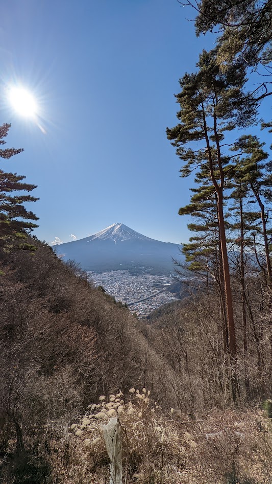 Blick vom Gipfel oberhalb der Chureito Pagoda über das Tal von Fujiyoshida