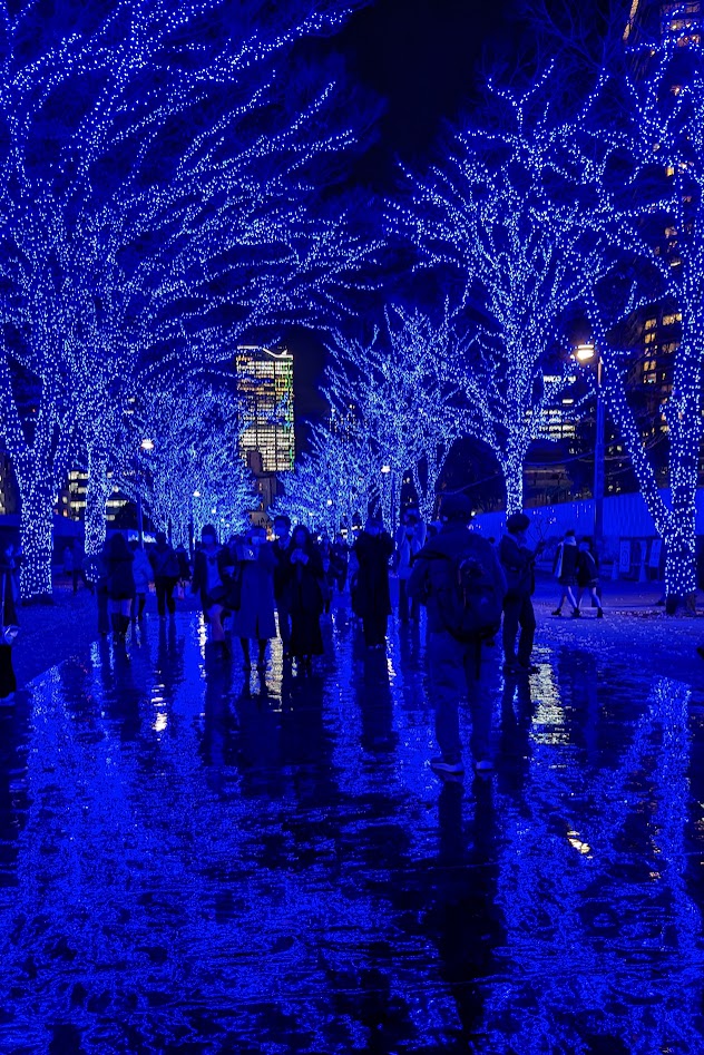 Blau illuminierte Bäume beim Blue Cave in Shibuya